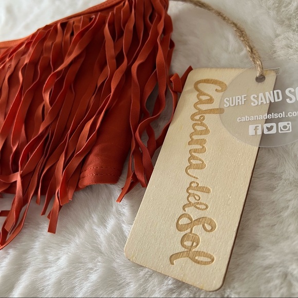 NEW Cabana Del Sol Burnt Orange Fringe Bandeau Bikini Top Size L - Picture 4 of 5